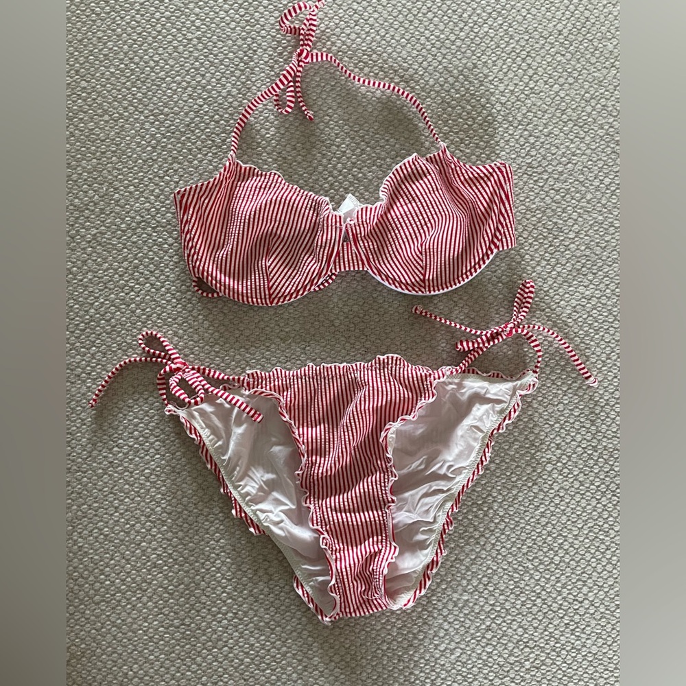 Onia Red and White Striped Bikini